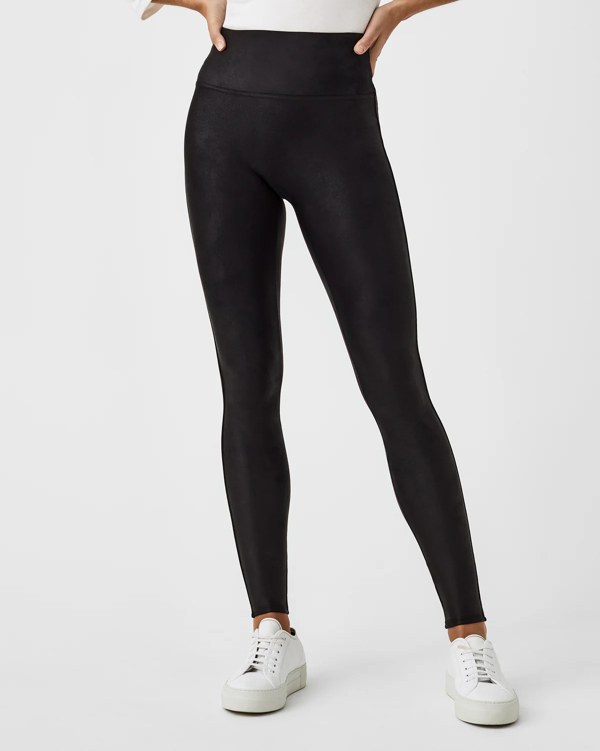 BOUTIQUE SPANX FAUX LEATHER FLEECE-LINED LEGGINGS BLACK FRONT 4