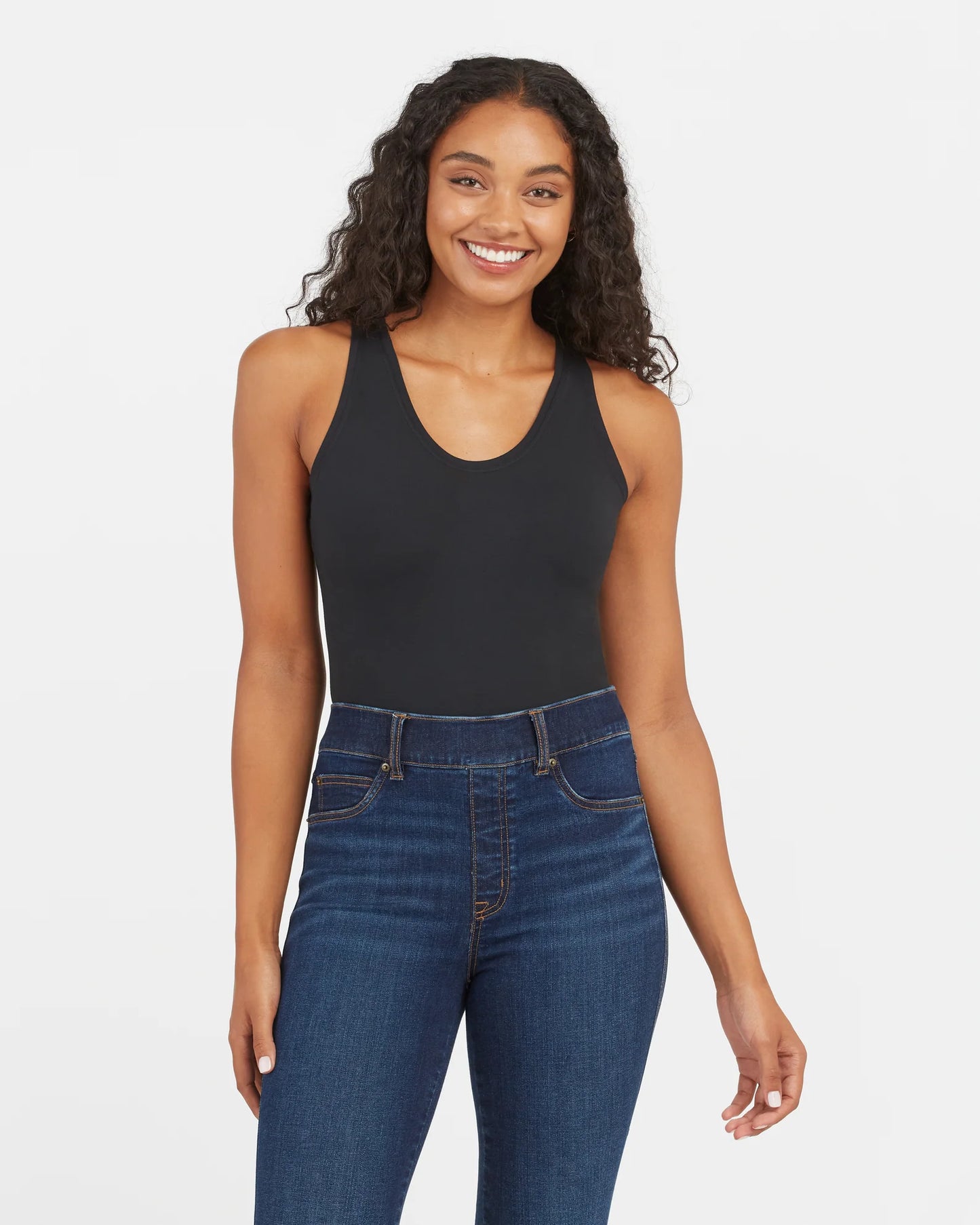 BOUTIQUE SPANX SUIT YOURSELF SCOOP NECK TAN BODYSUIT CLASSIC BLACK FRONT 2