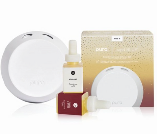 Pura product set including a bottle, packaging, and device on a white background