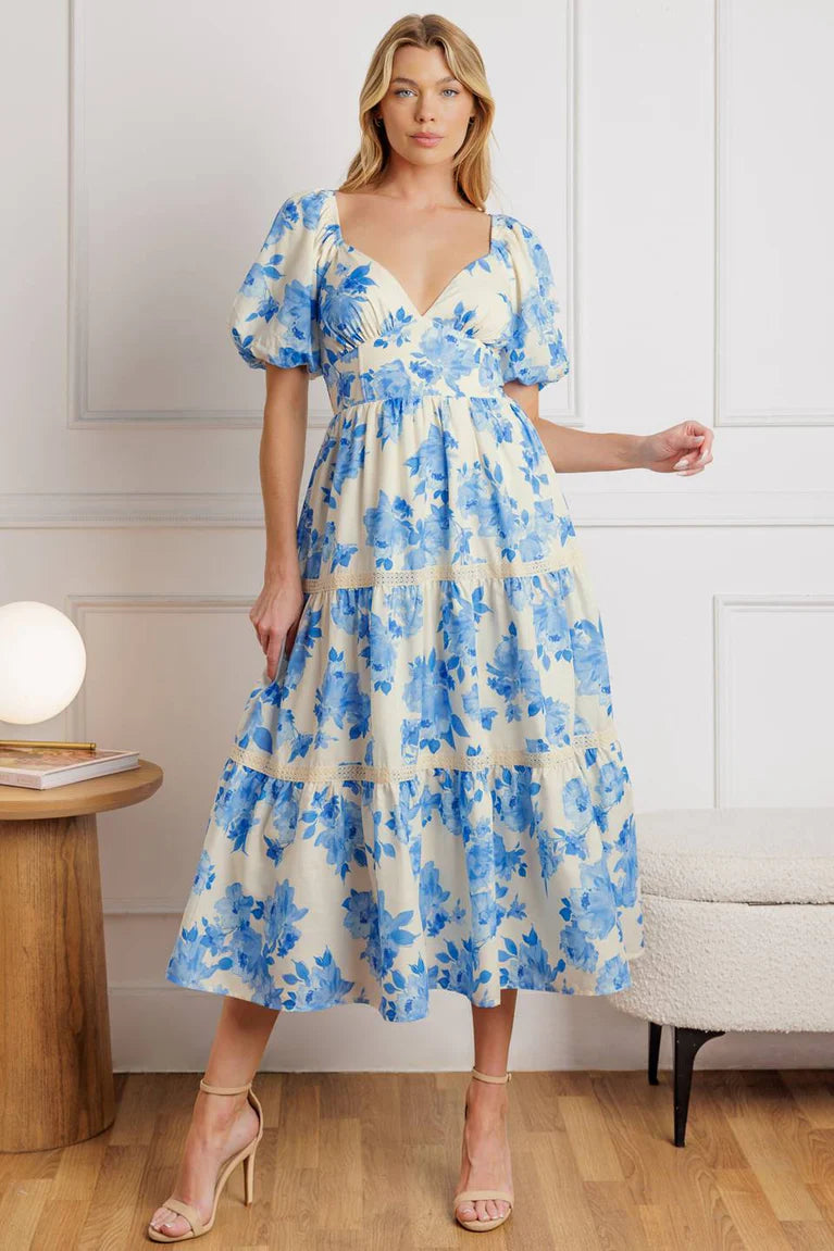 BOUTIQUE THROUGH THE FOG WOVEN MIDI DRESS IVORY BLUE FRONT