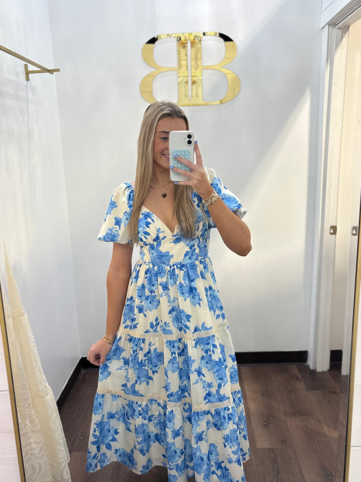 BOUTIQUE THROUGH THE FOG WOVEN MIDI DRESS IVORY BLUE FRONT 2