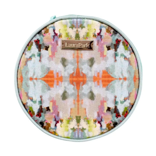 Round pouch with a colorful abstract pattern and 'Laura Park' branding on a white background