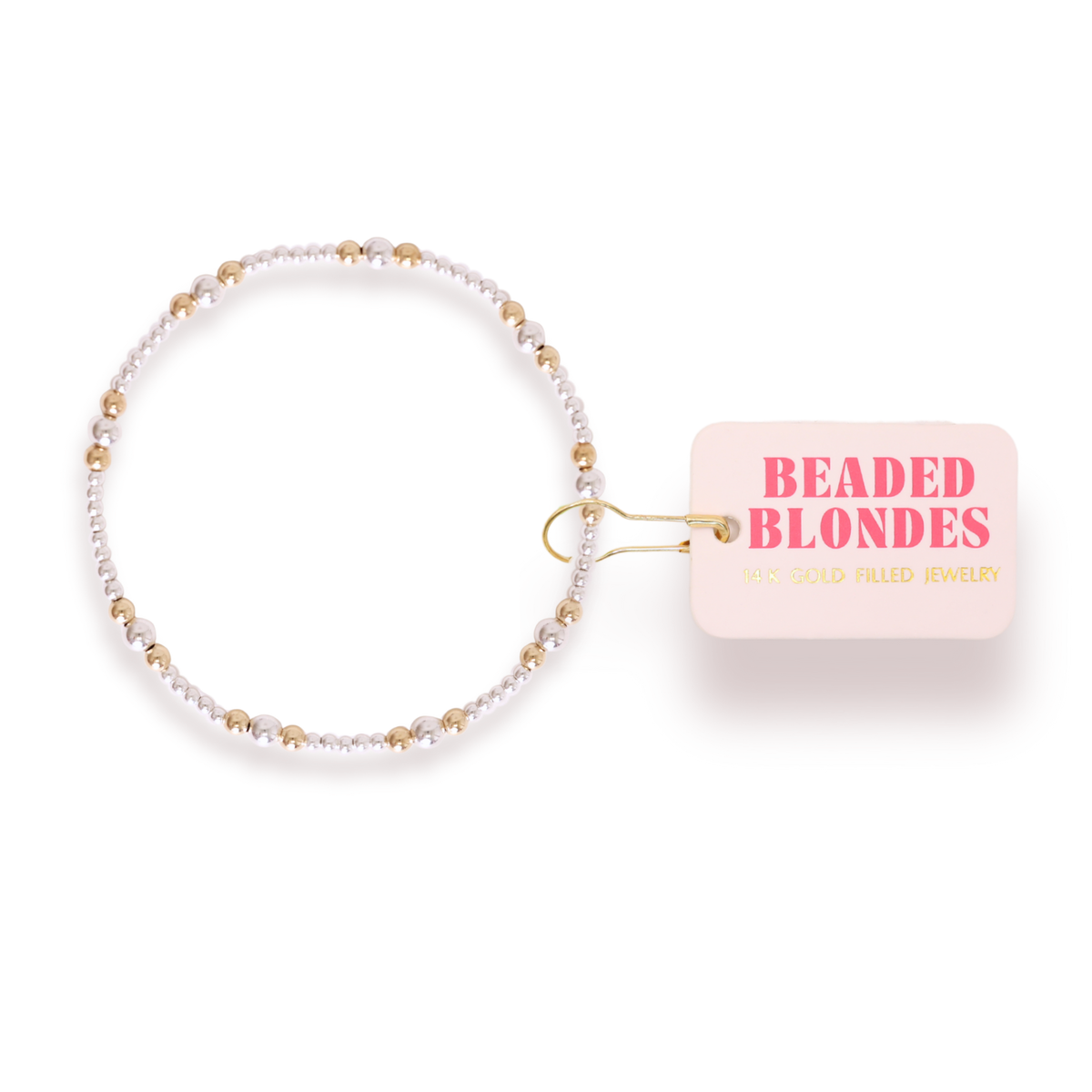 Beaded bracelet with 'Beaded Blondes' packaging on a white background