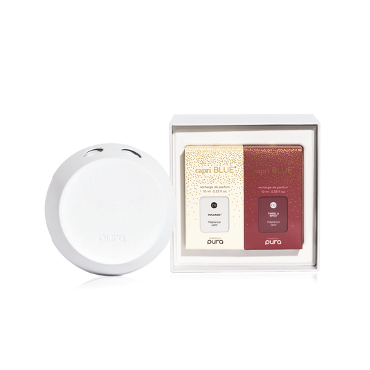 Pura perfume set with a white circular container on a white background