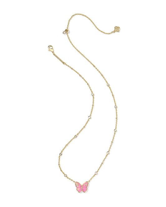 KENDRA SCOTT Cailey Gold Butterfly Short Pendant Necklace in Pink Opalescent Resin