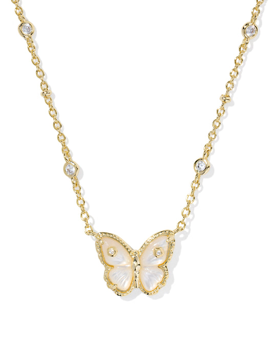 Butterfly pendant necklace with gold chain on a white background