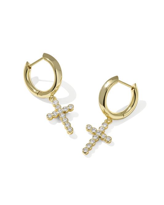 KENDRA SCOTT Gold Cross Crystal Huggie Earrings on white background