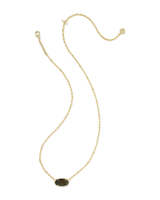 gold necklace with black pendant on a white background including clasps