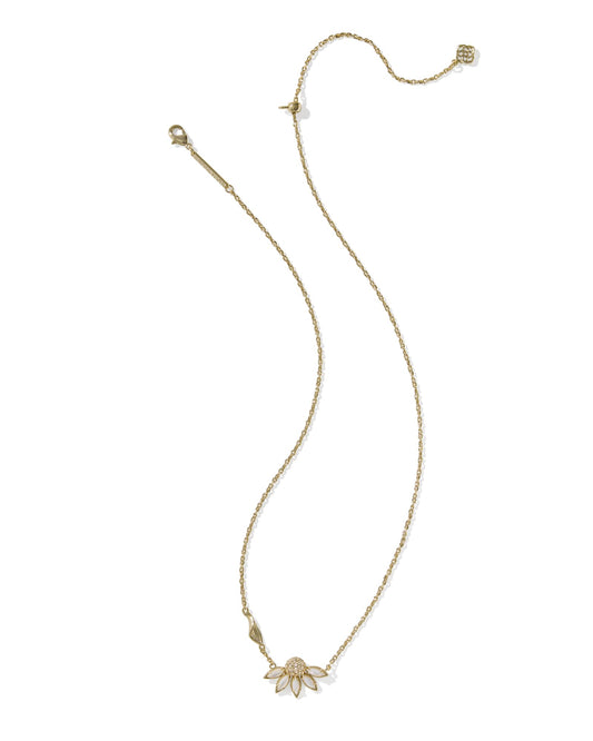 Gold necklace with a half flower pendant with white petals including the clasps