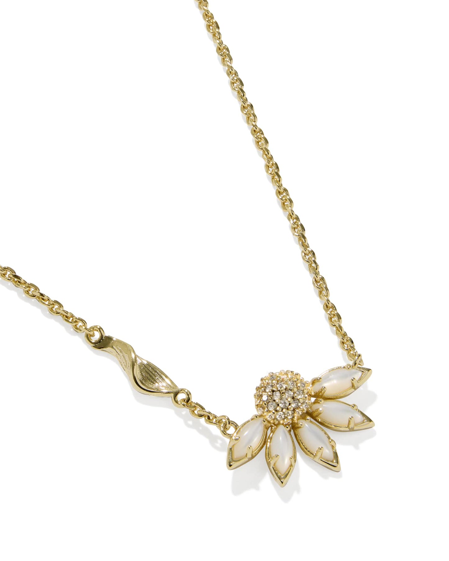 Gold necklace with a half flower pendant with white petals