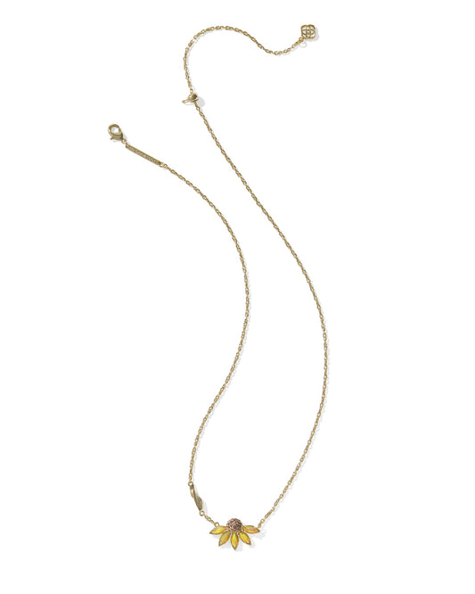 Gold necklace with a half flower pendant with yellow petals including clasps