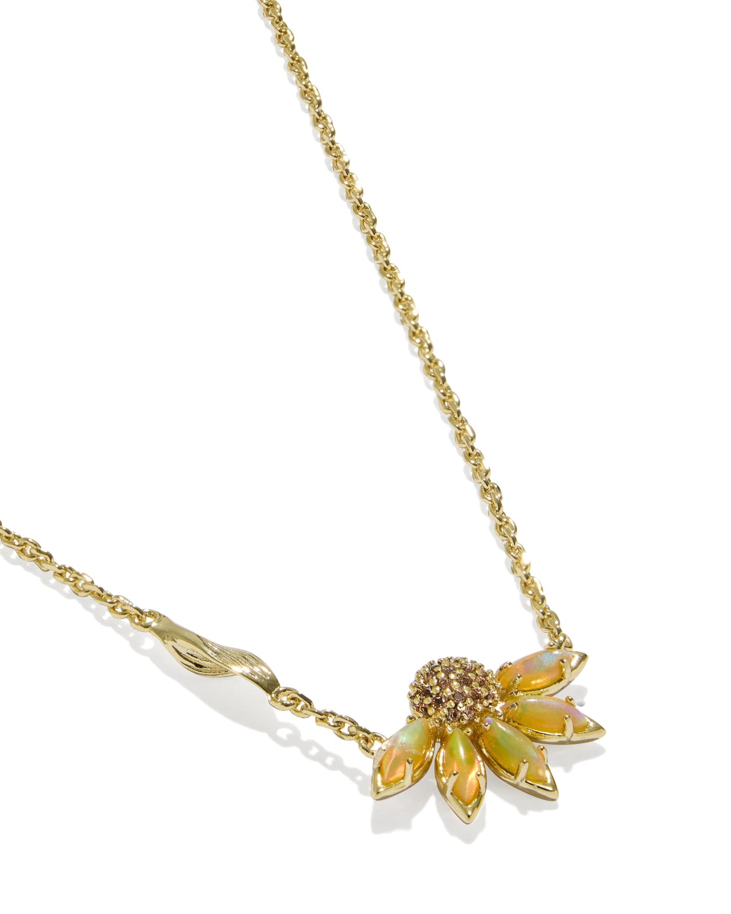 Gold necklace with a half flower pendant with yellow petals