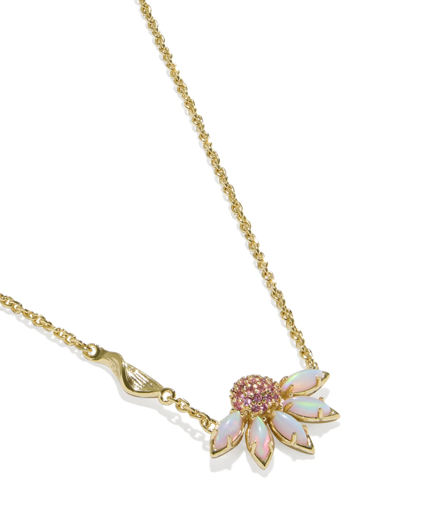 Gold necklace with half flower pendant with pink petals