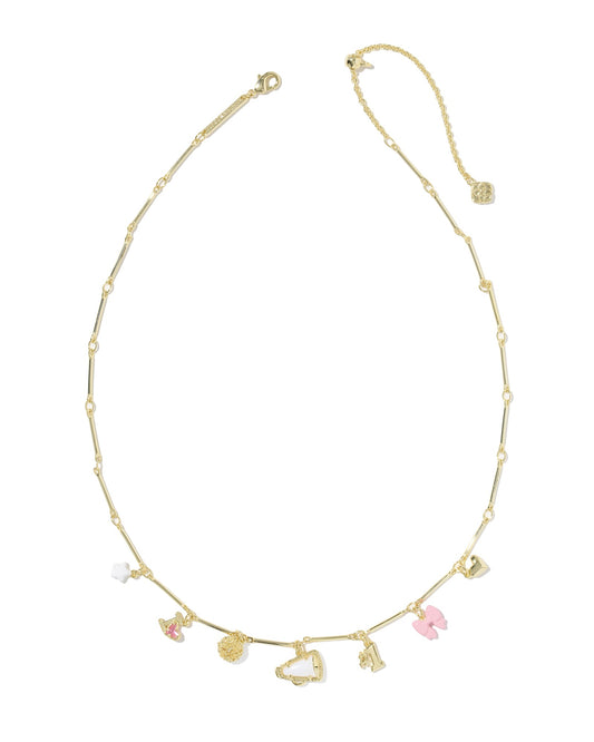 Kendra Scott charm necklace with cheer charms with pink, gold and white charms including clasps