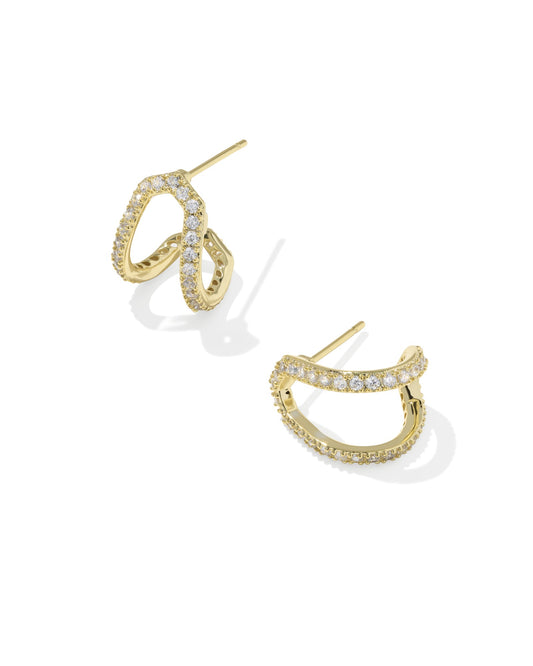 Gold hoop earrings with embedded stones on a white background