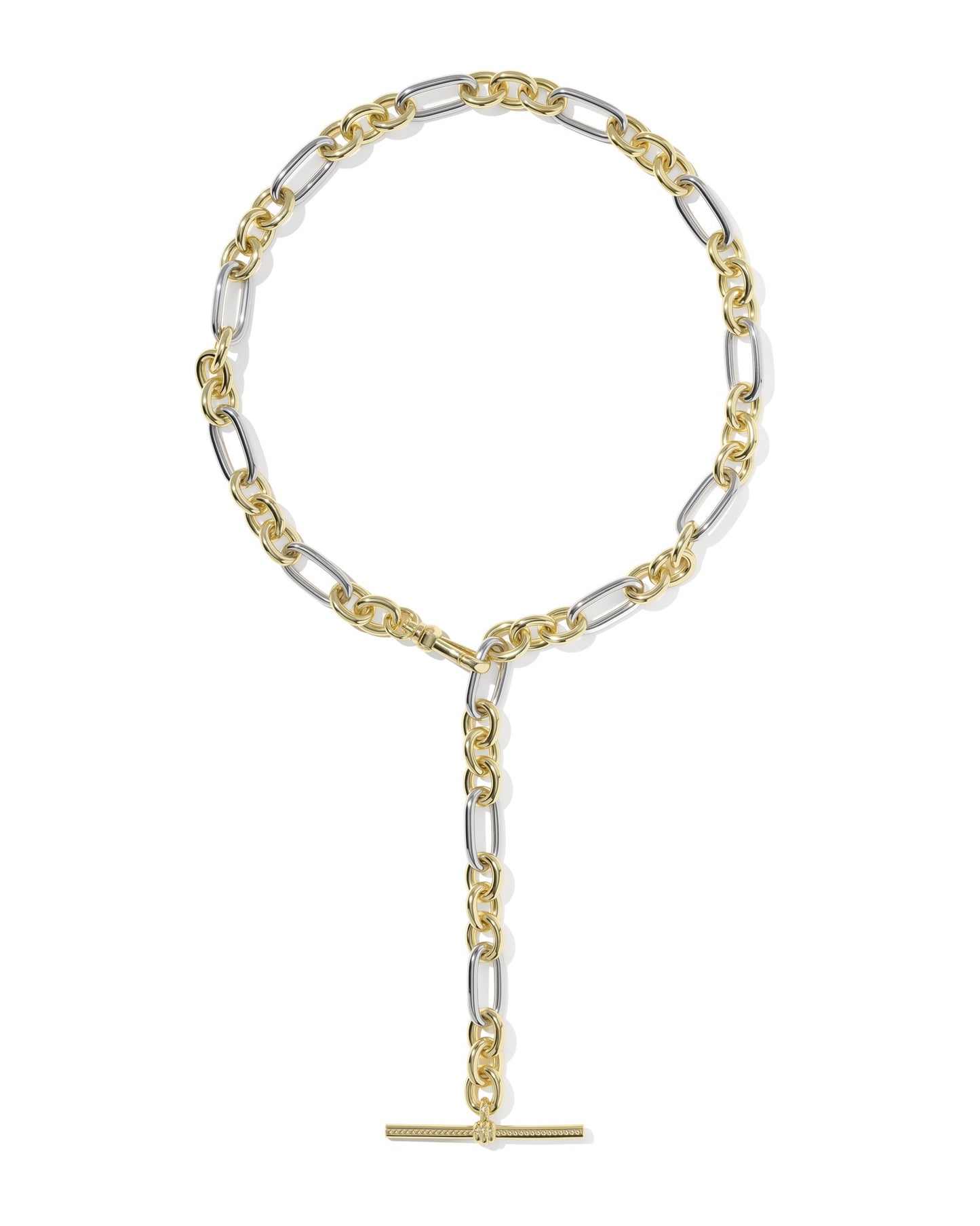 gold and silver chunky chain necklace close up on white background including extender