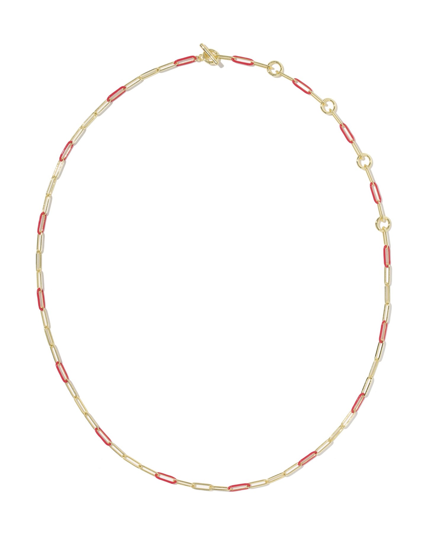 Gold chain with red and gold links on white background