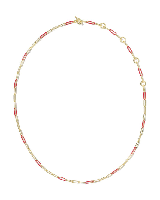 Gold chain with red and gold links on white background