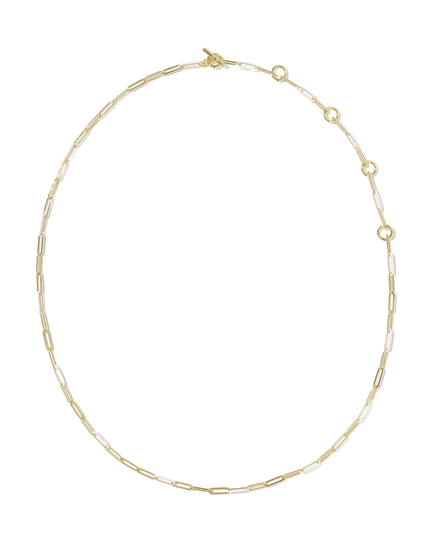Gold chain with white and gold links on white background with clasps