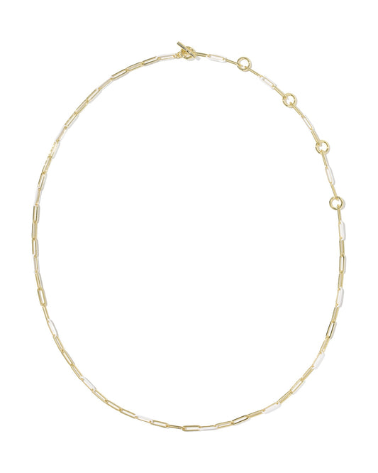 Gold chain with white and gold links on white background with clasps