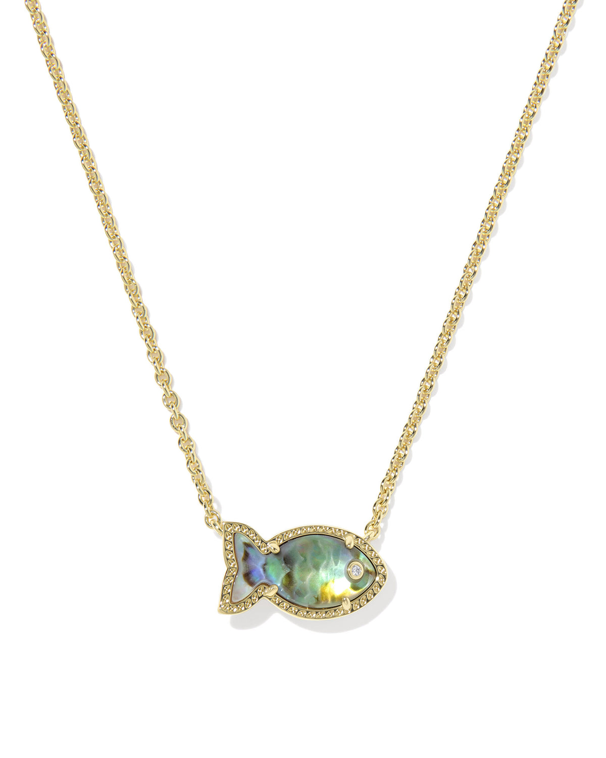 Kendra Scott Gold necklace with a fish-shaped pendant featuring a colorful gemstone on a white background