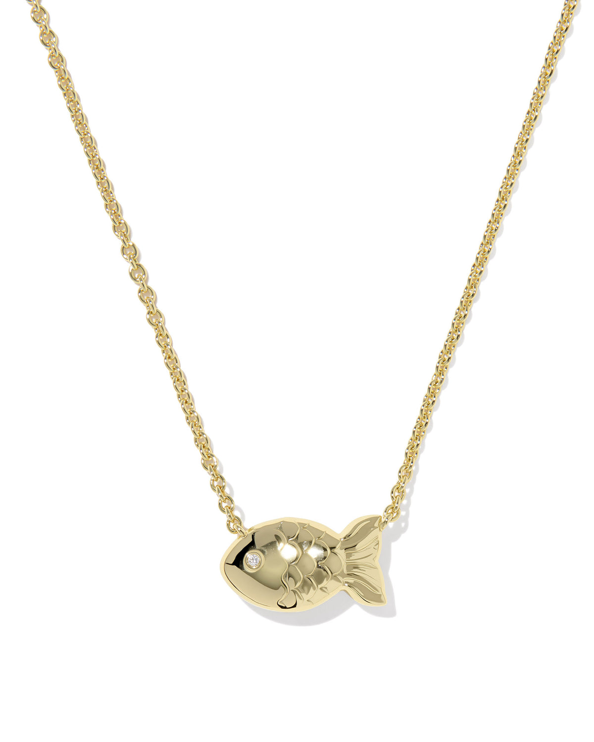 Kendra Scott Gold fish-shaped pendant on a chain against a white background