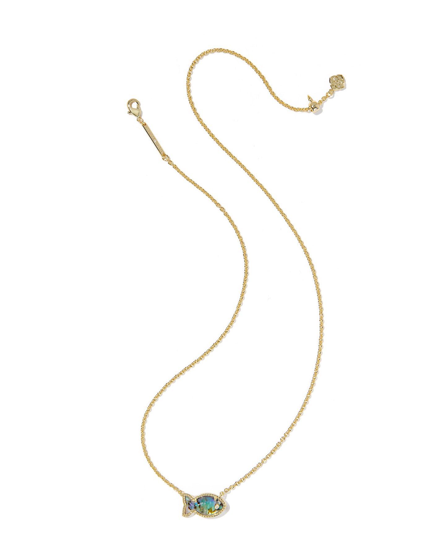 Kendra Scott Gold necklace with a green gemstone on a white background