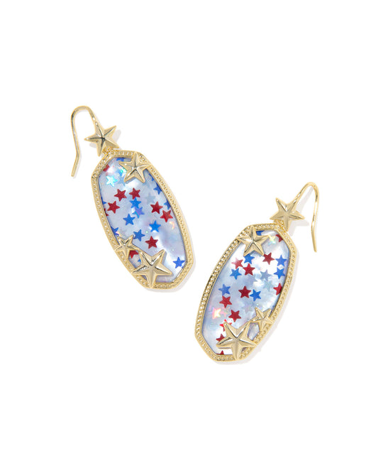 gold earrings with stars in red white and blue stone on white background