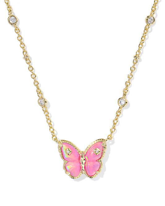 KENDRA SCOTT Cailey Gold Butterfly Short Pendant Necklace in Pink Opalescent Resin