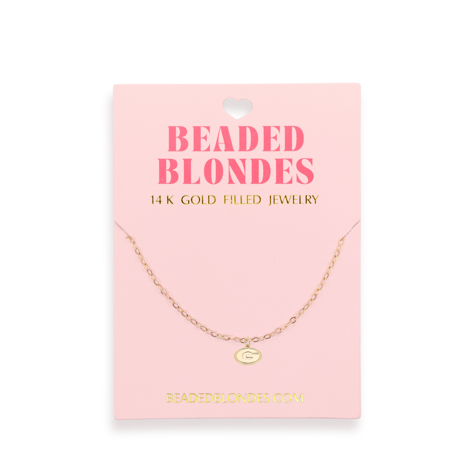 Gold necklace on a pink card with 'Beaded Blondes' branding