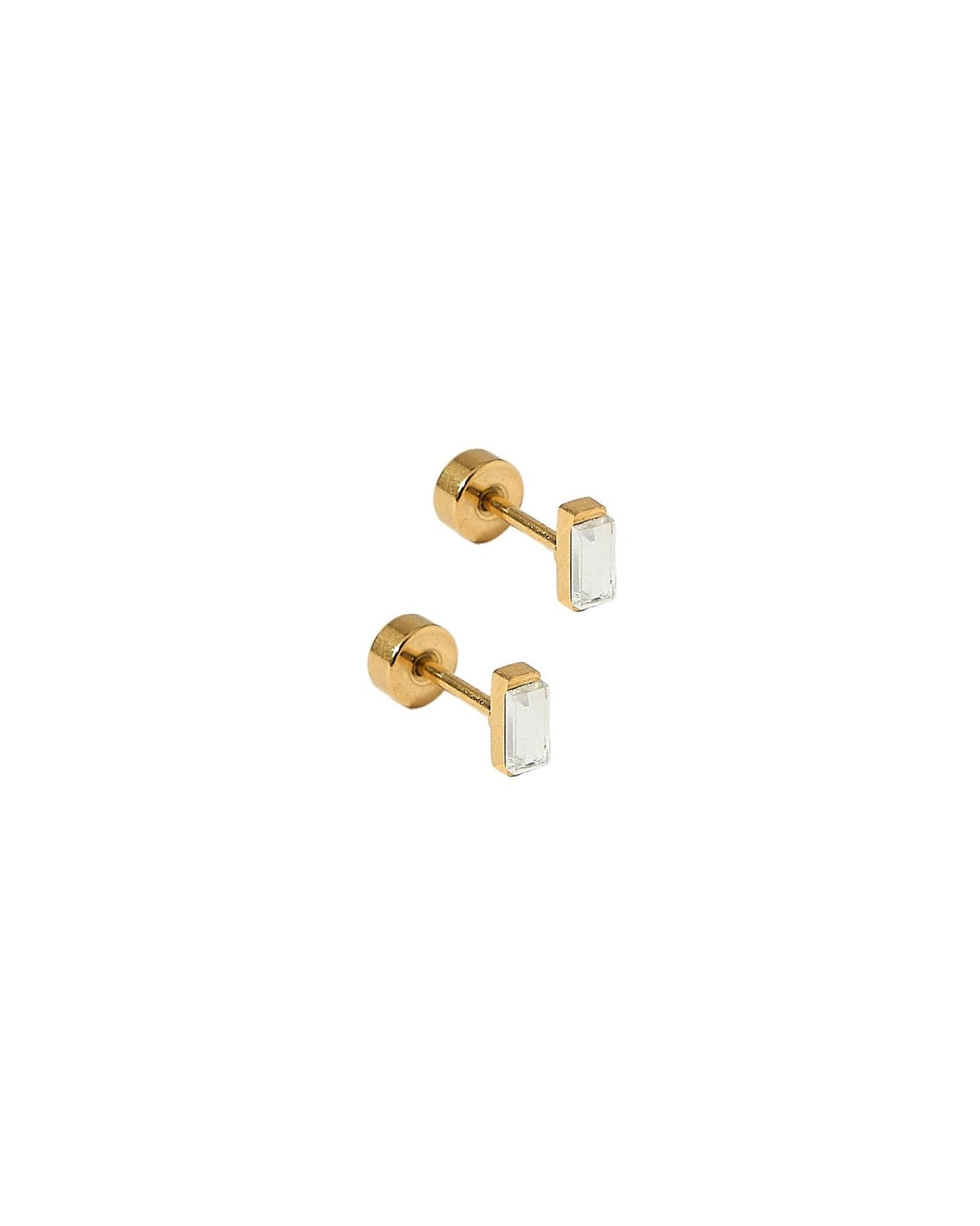 Pair of gold stud earrings with rectangular white stones on a white background