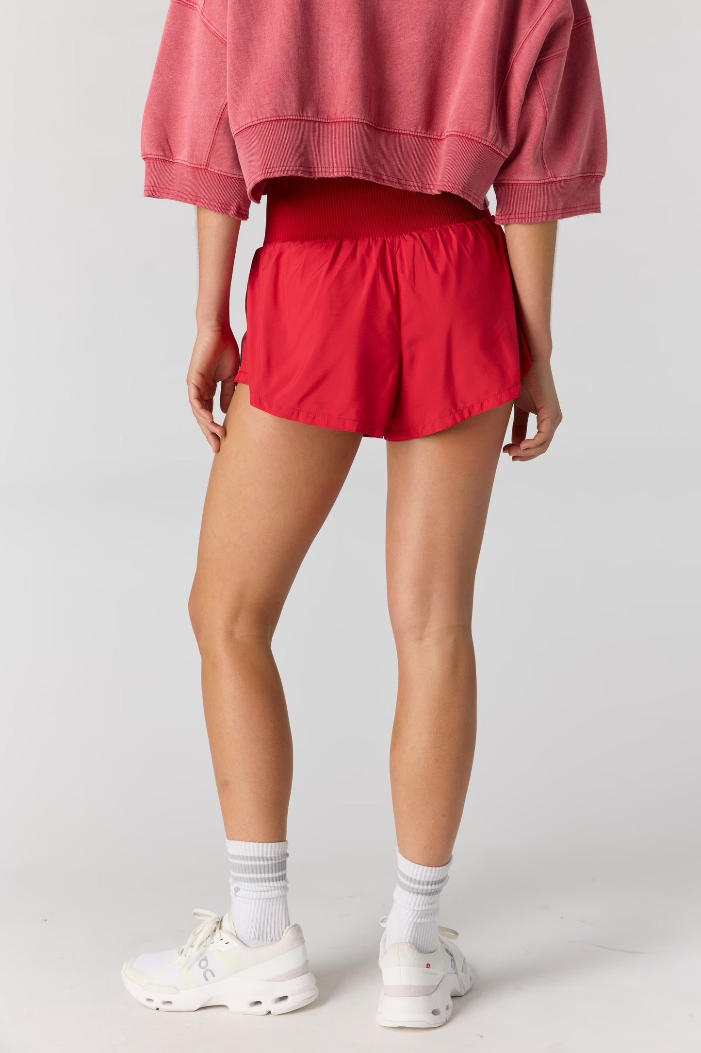 red free people shorts from the back 