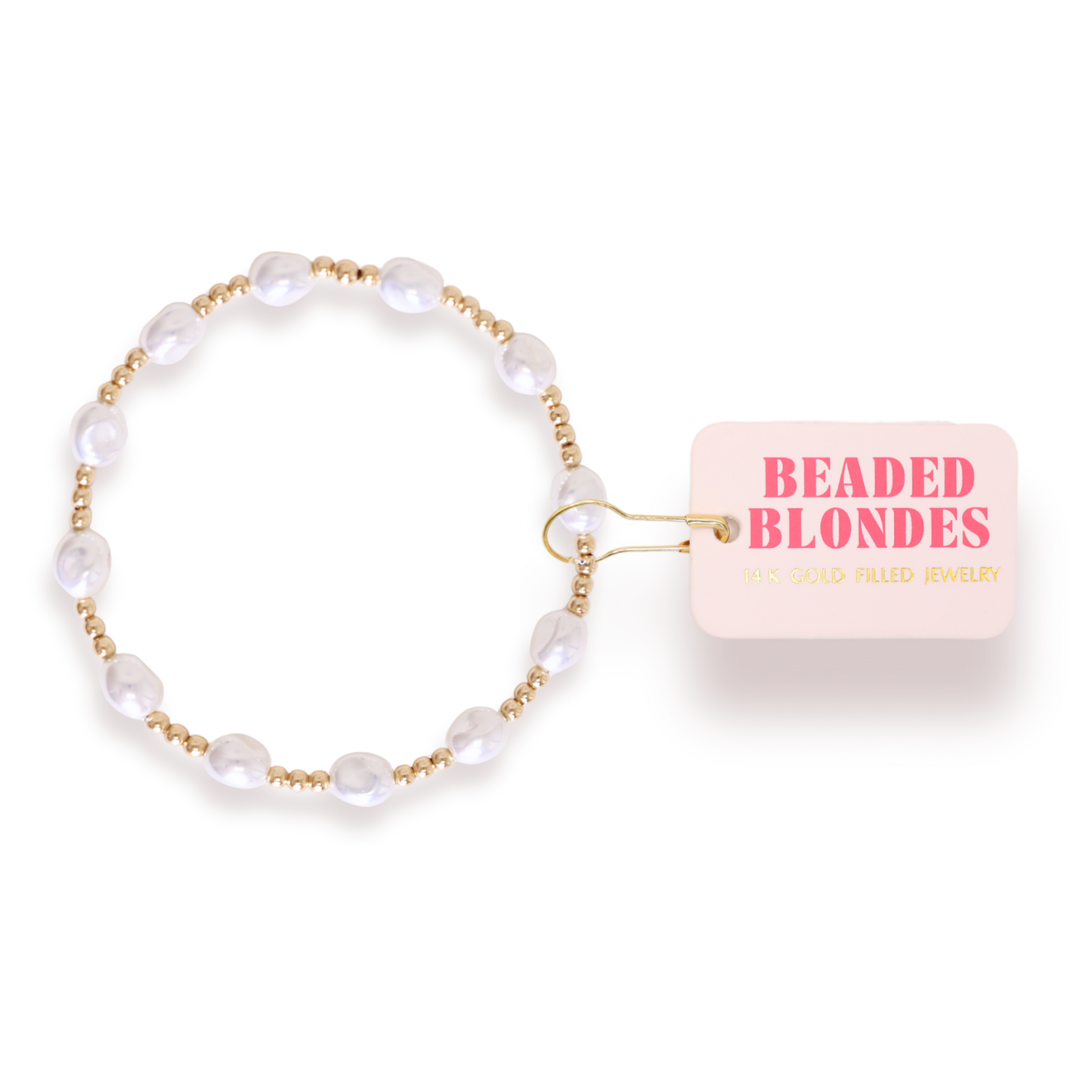 Beaded bracelet with a 'Beaded Blondes' tag on a white background