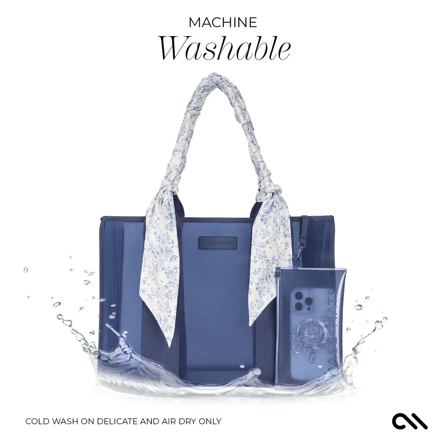 Blue handbag with floral accents and phone case on a white background, featuring the text 'Machine Washable'.