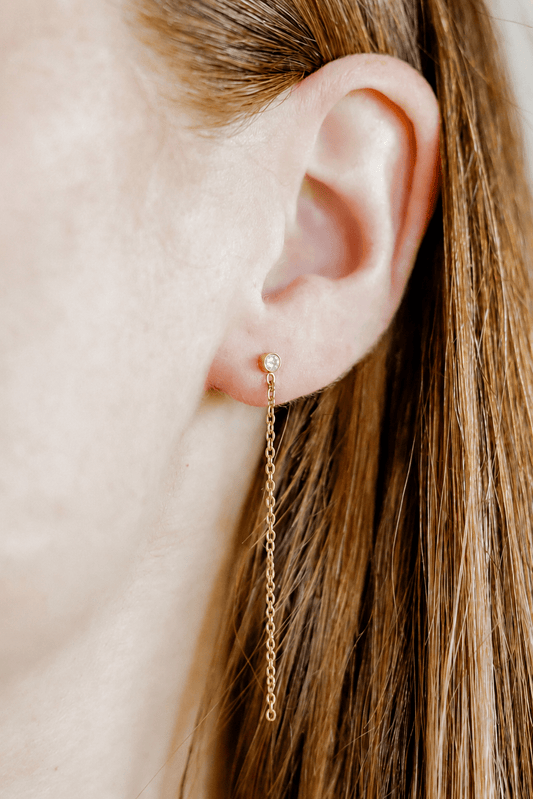 Gold chain earring worn by a person with long hair.