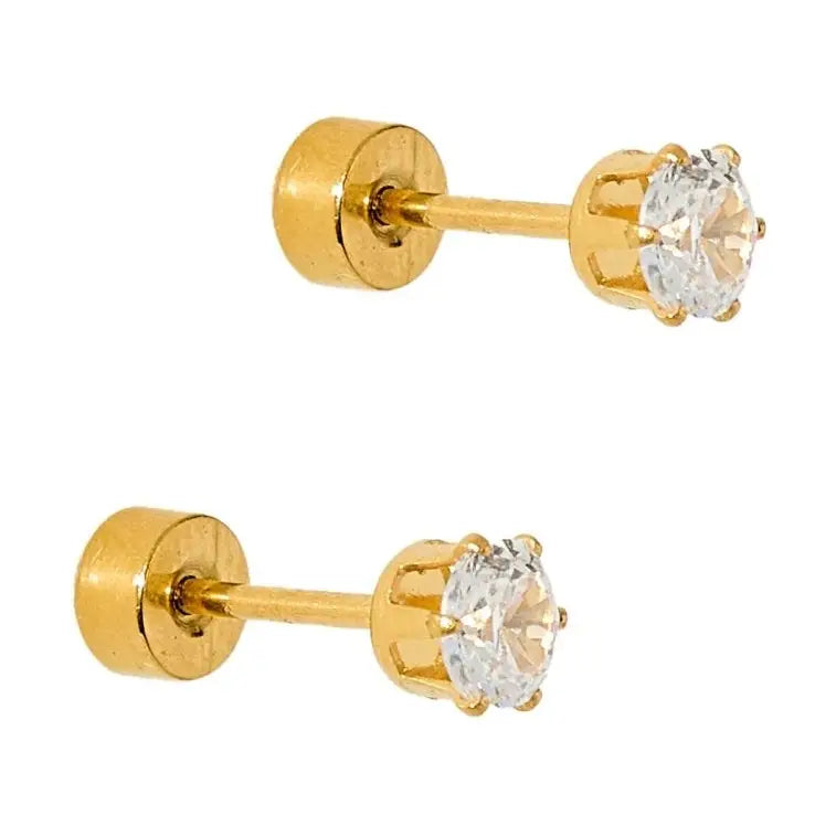 Pair of gold stud earrings with clear gemstones on a white background