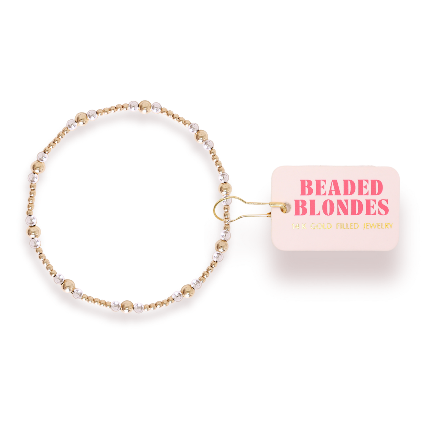 Beaded blonde bracelet with 'Beaded Blondes' packaging on a white background