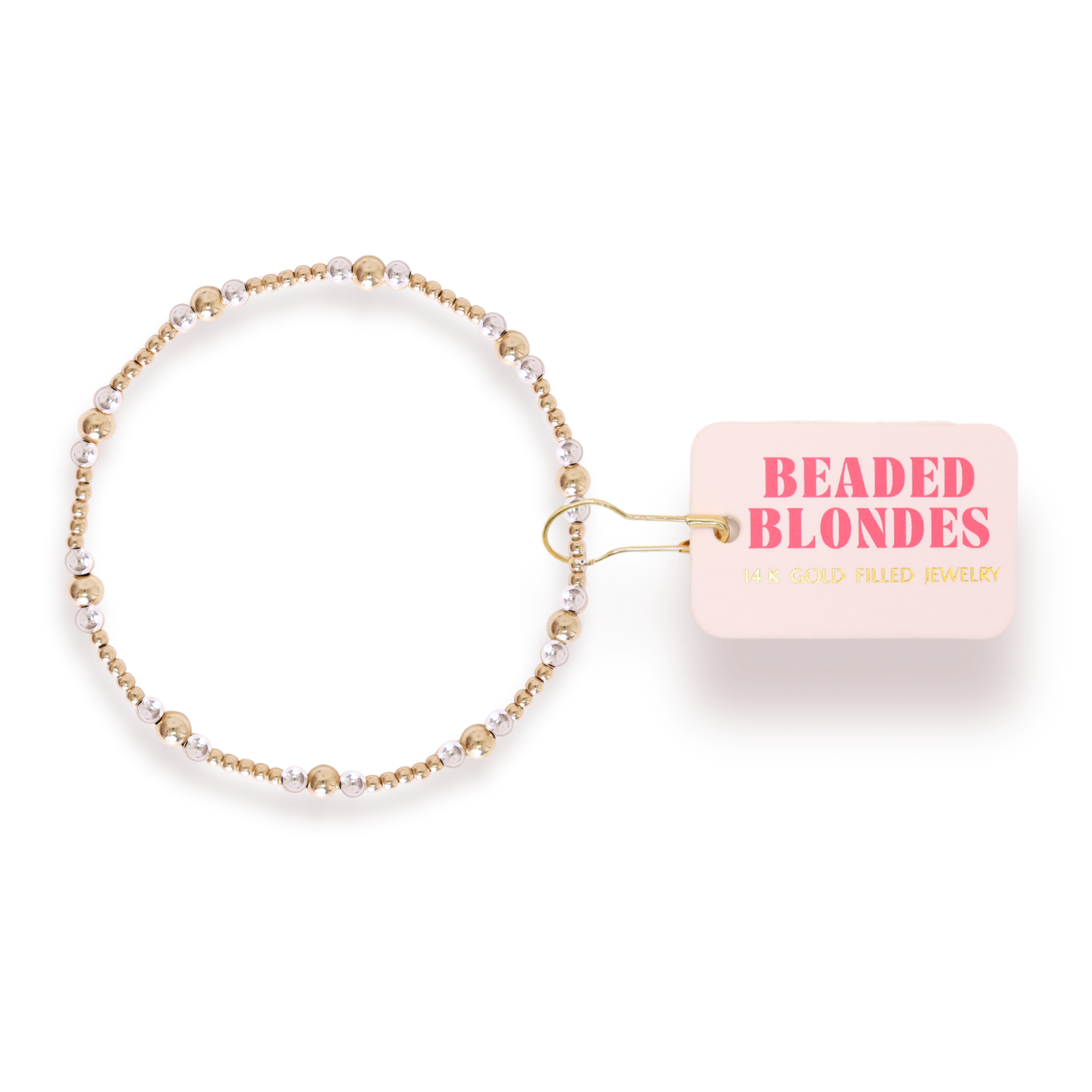 Beaded blonde bracelet with 'Beaded Blondes' packaging on a white background