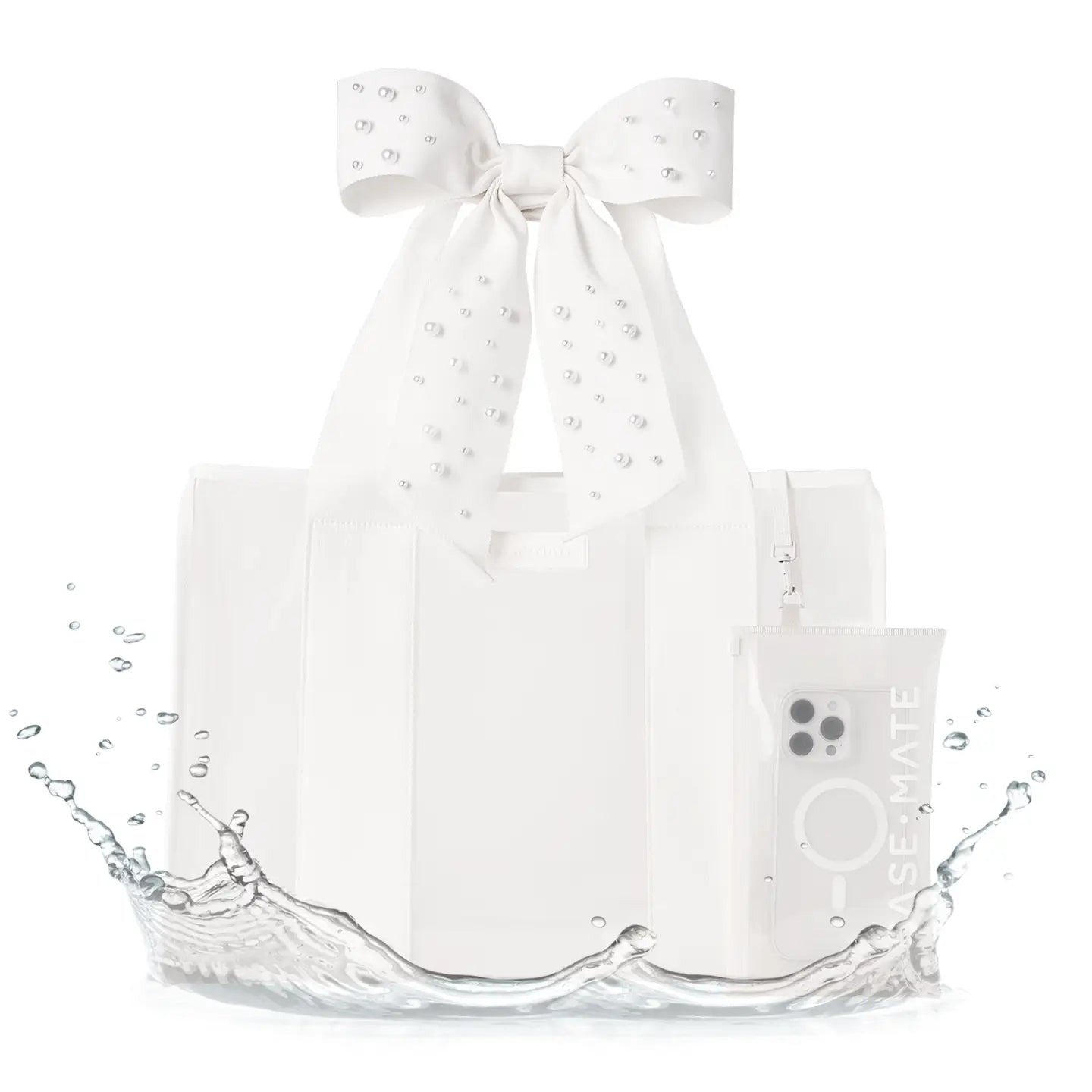 Clear product packaging with a decorative bow and water splash effect on a white background