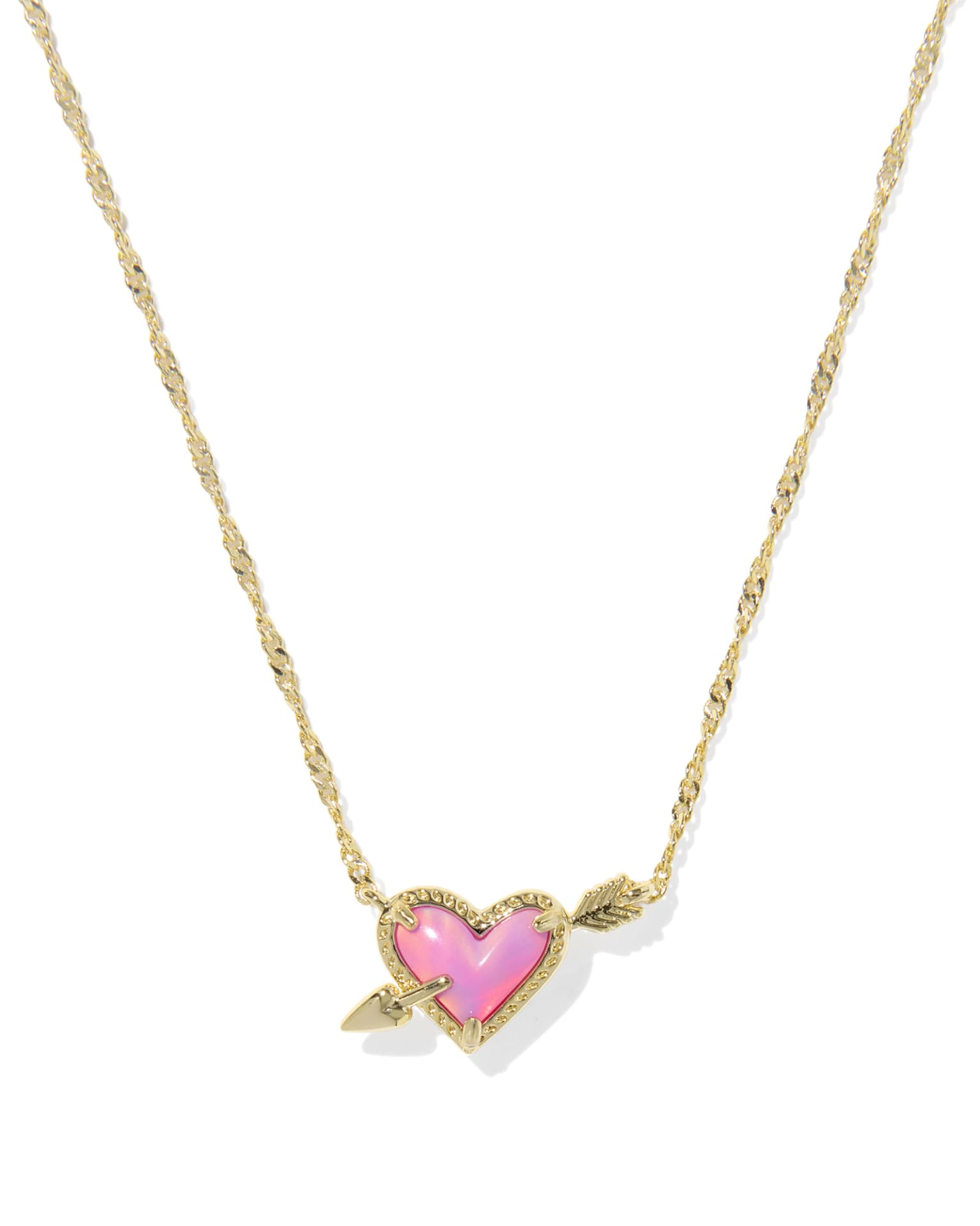 Necklace with a pink heart-shaped pendant on a white background