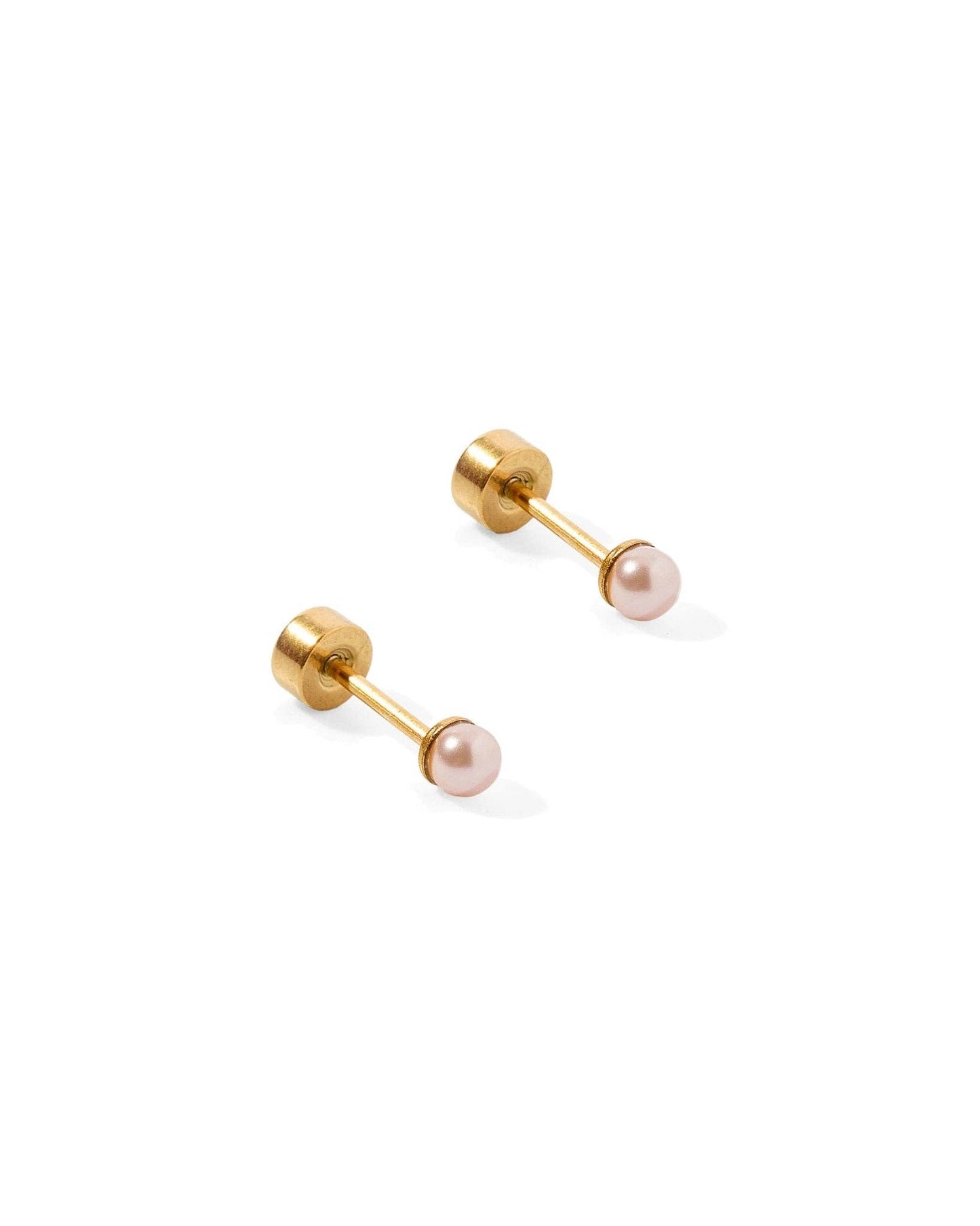 Pair of gold earrings with pink pearls on a white background