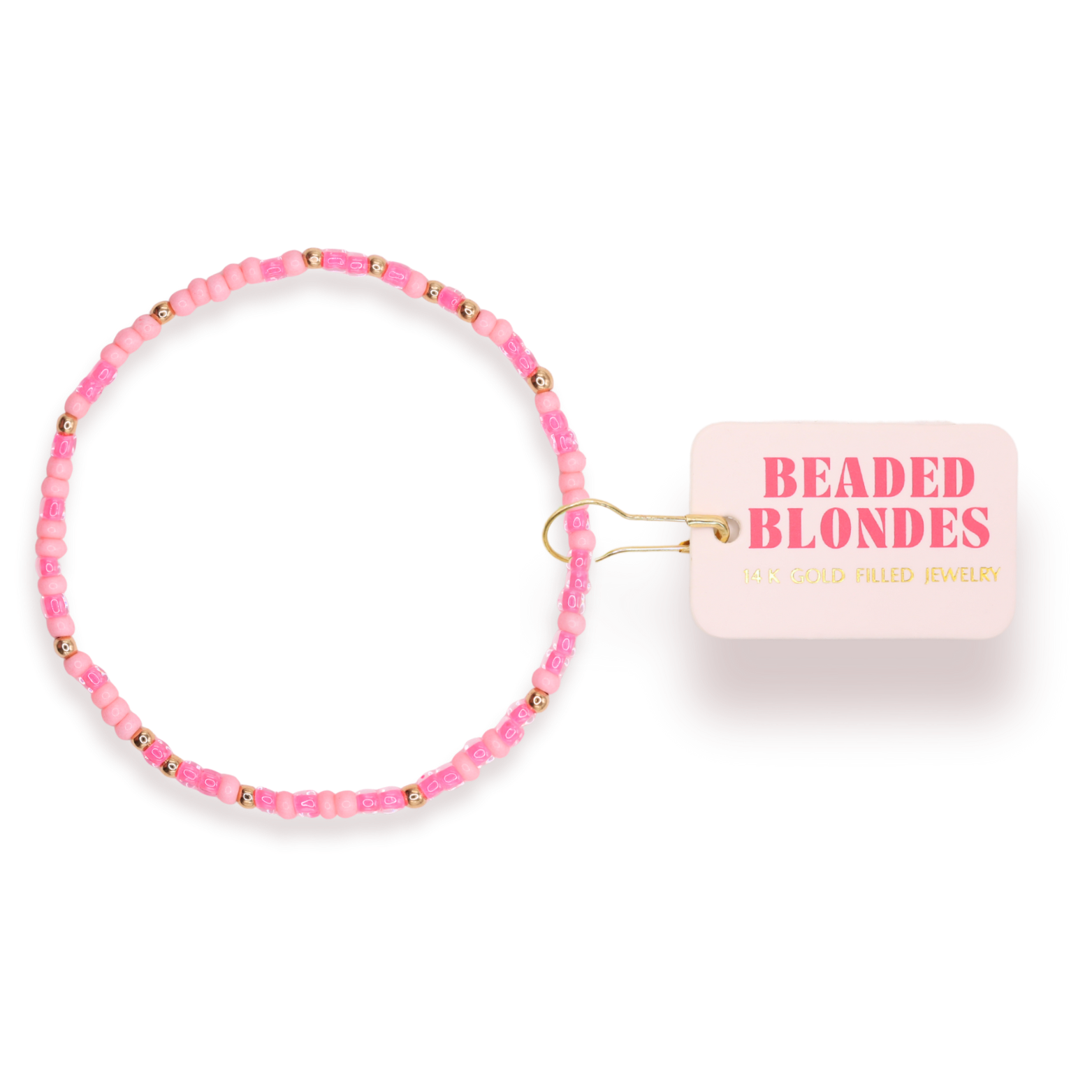 Pink beaded bracelet with a 'Beaded Blondes' label on a white background