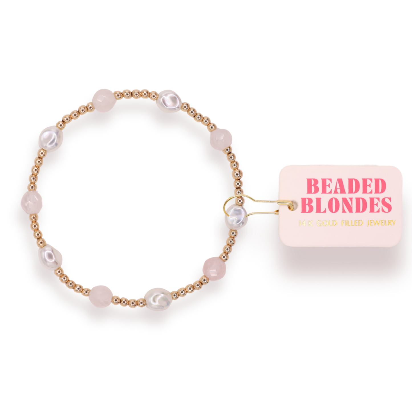 Beaded bracelet with a 'Beaded Blondes' tag on a white background