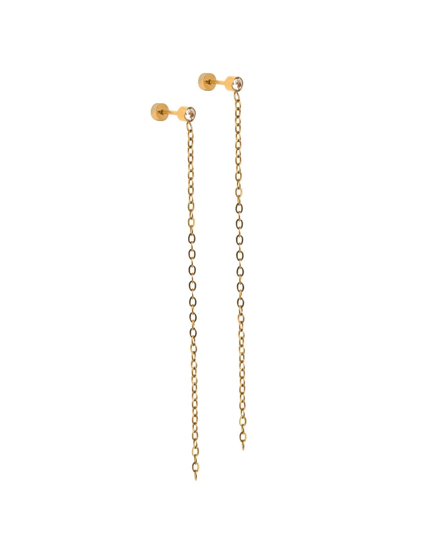 A pair of gold chain drop earrings with small round gold studs and a tiny clear stone at the top, shown on a plain white background.