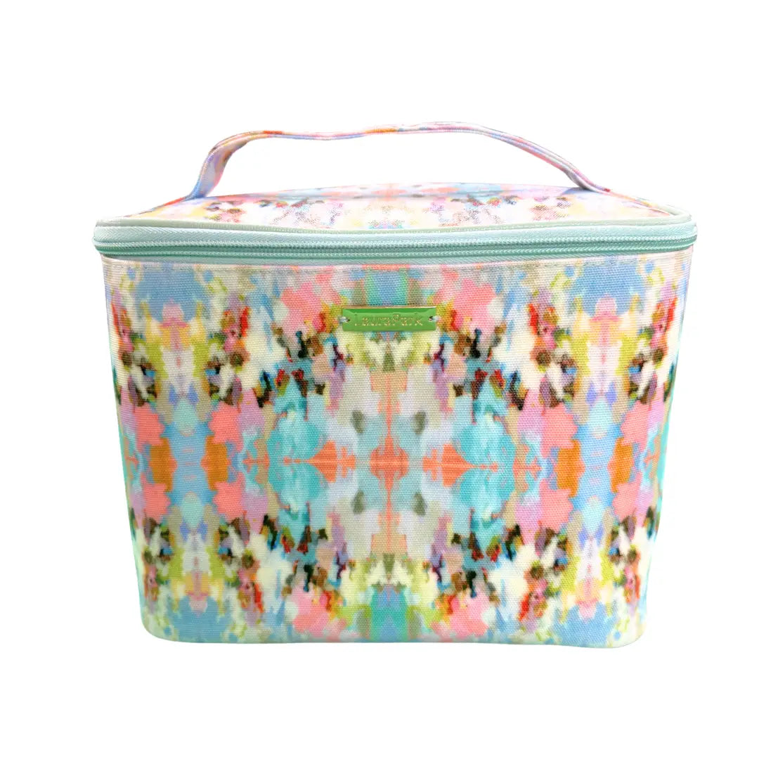 Colorful patterned rectangular bag with a Laura park label on a white background