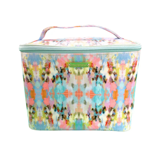 Colorful patterned rectangular bag with a Laura park label on a white background