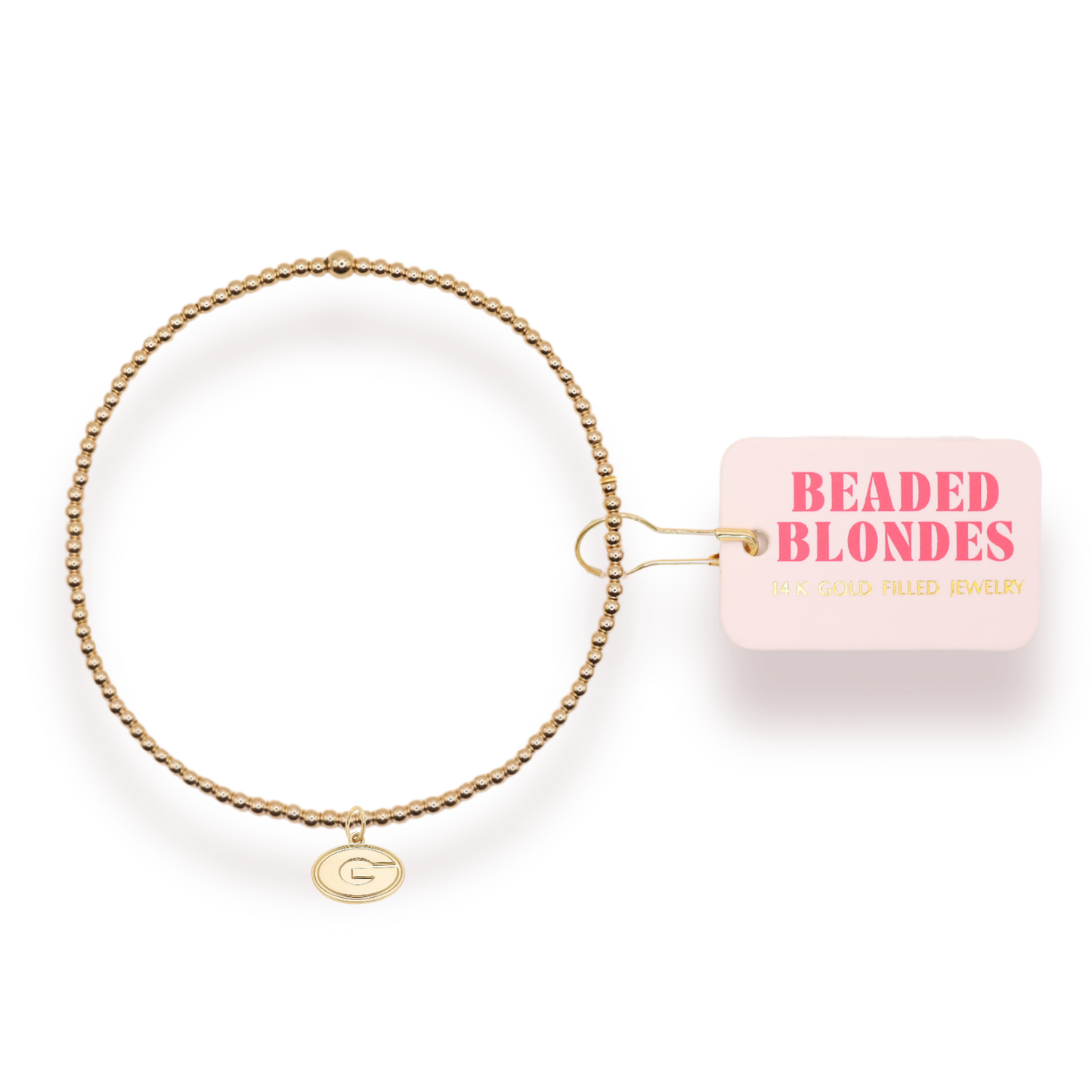 Gold beaded bracelet with G charm on a white background, featuring 'Beaded Blondes' packaging.