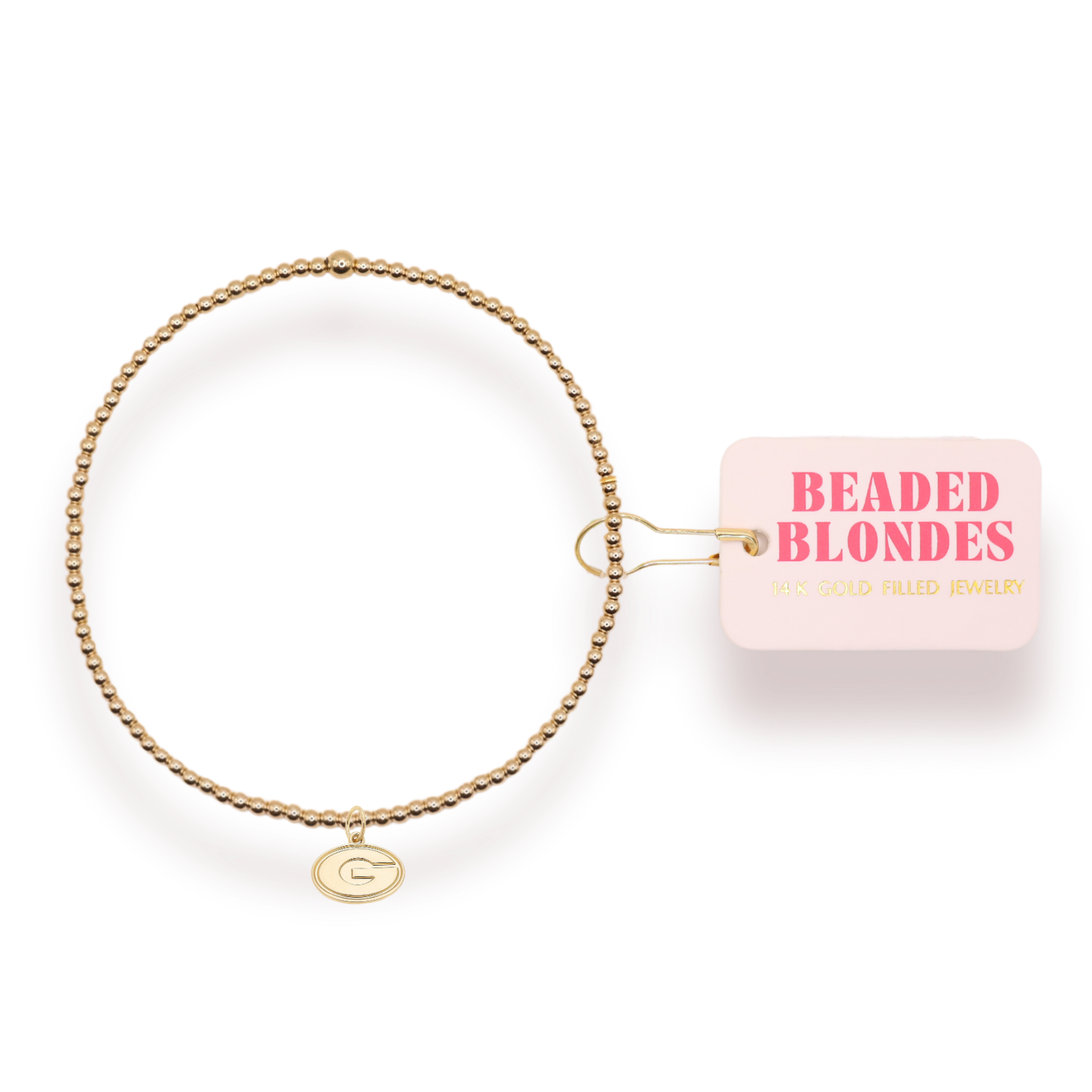 Gold beaded bracelet with G charm on a white background, featuring 'Beaded Blondes' packaging.