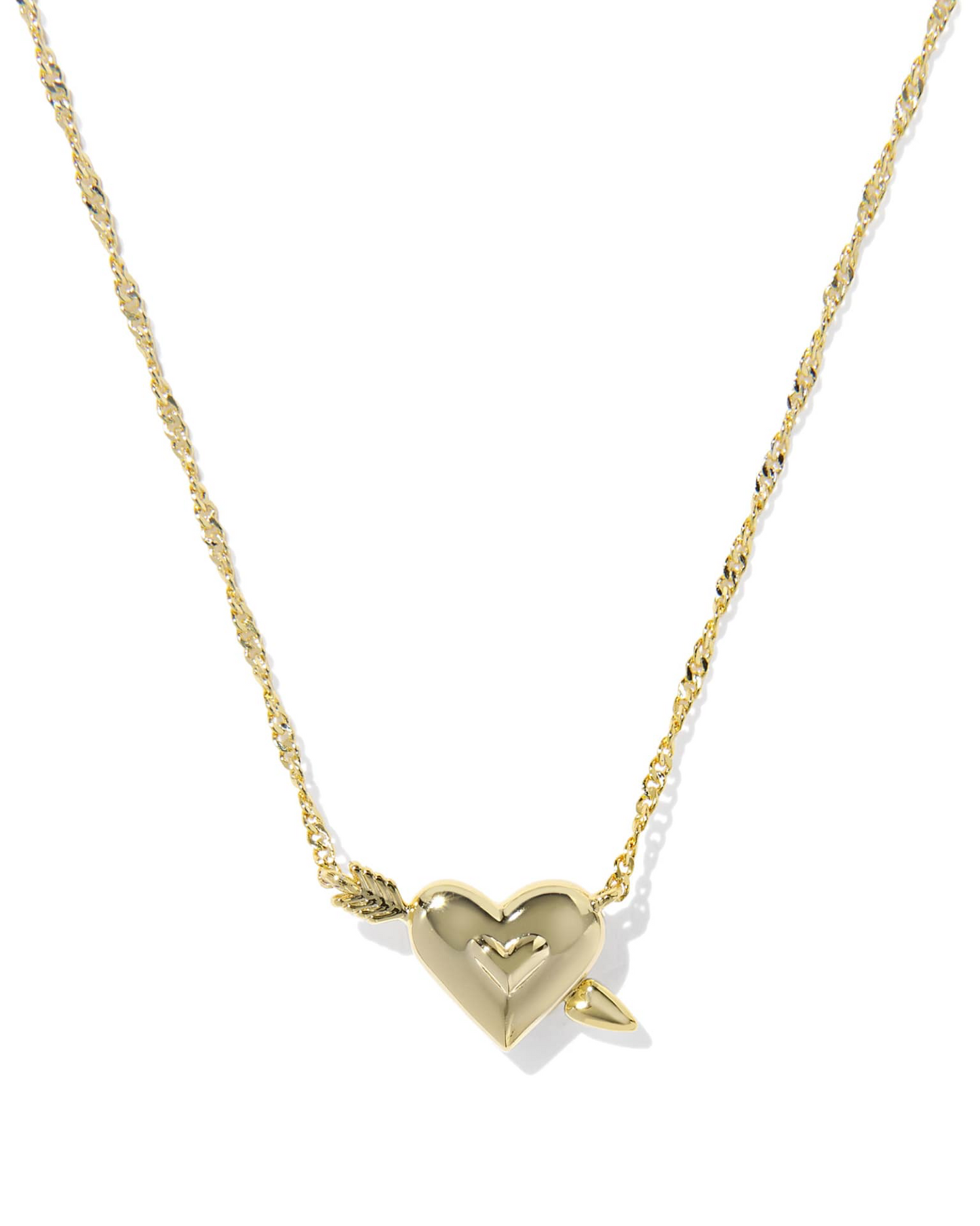 Gold heart-shaped pendant necklace on a white background