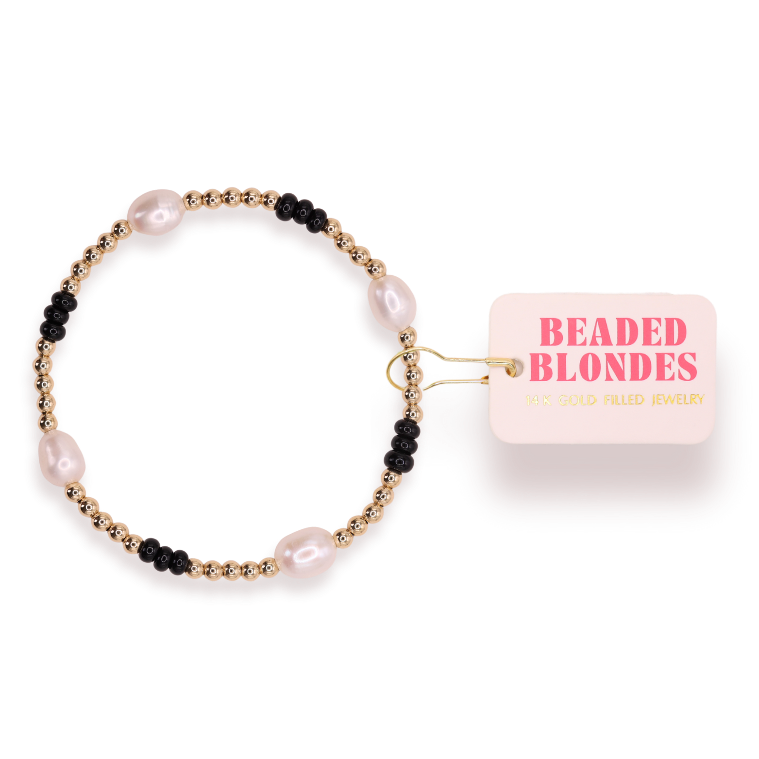 Beaded bracelet with pink label on a white background